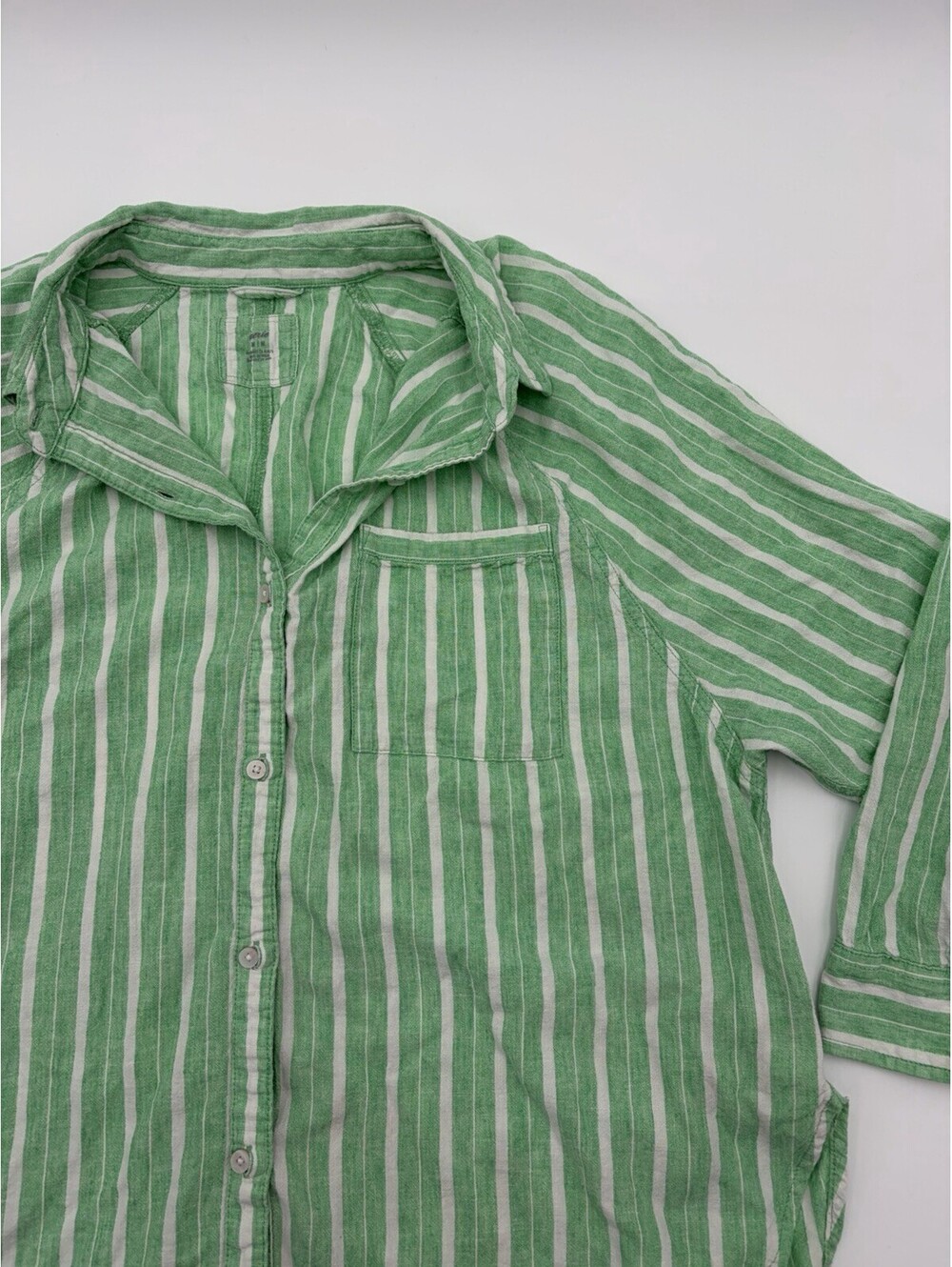 Aerie Cover Up Shirt Medium Striped Button Up Long Sleeve Linen Celebrity Green